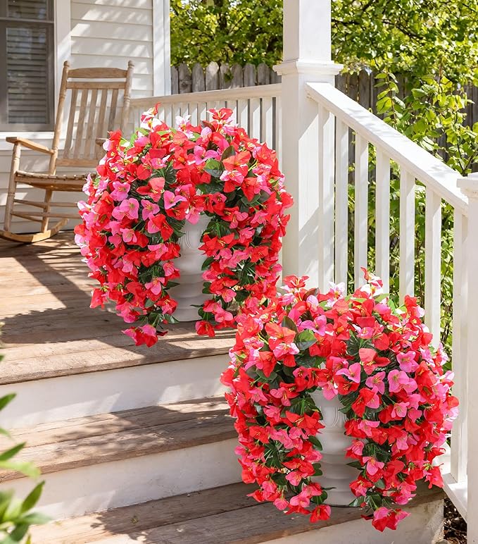 Faux Bougainvillea Artificial Flowers Plants for Outdoors Outside Decoration, 2 pcs Fake Flowers Realistic UV Resistant Silk Long Trailing Vines for Front Door Porch Planter Urn Patio Balcony Yard,Mix