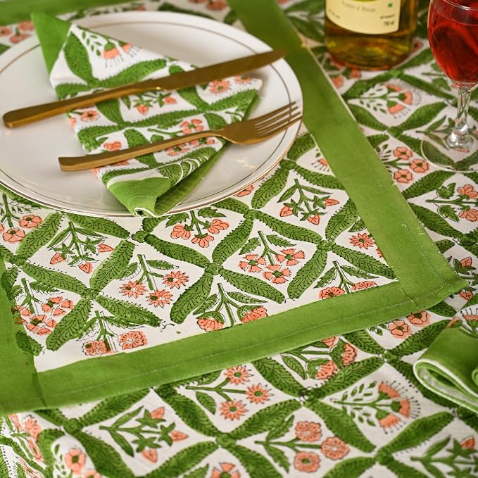 Hand Block Printed Tablecloth – Colorful Floral Print | 100% Cotton | Indian Artisan Handmade Art | Dining Room, Kitchen, Outdoor Décor, (Fresh Green Leaves, 6 Seater 72 Inches Round)