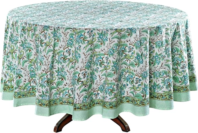 Ridhi Round Tablecloth Hand Block Print 100% Cotton Reusable Sage and Russian Green 132 Inch Table Cover Decorative Everyday Use for Dining, Home, Wedding, Farmhouse Gift for Spring, Mother's Day