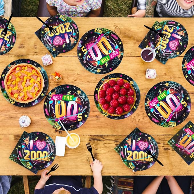 96Pcs 2000s Party Decorations Y2K Early 2000s Theme Plates and Napkins Hip Hop Back to the 00s Disposable Paper Tableware Set for Adult Teens Retro 00s Birthday Party Supplies Serves 24