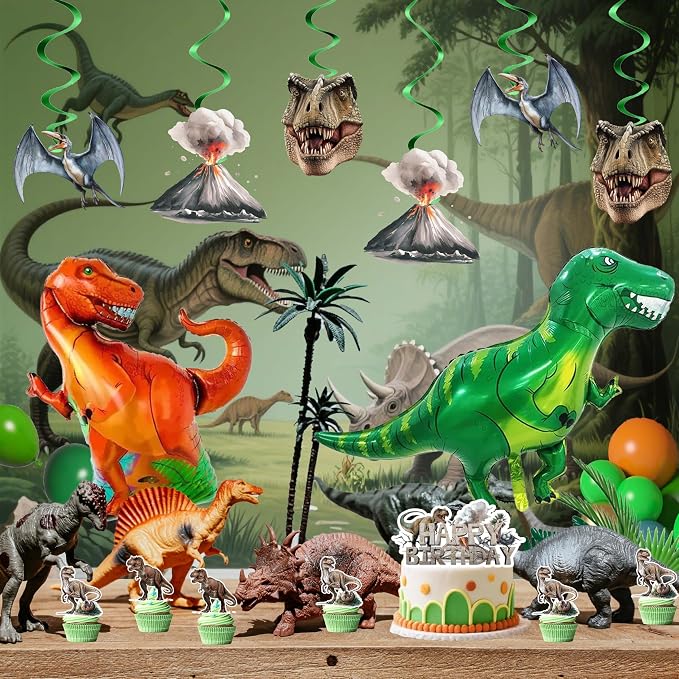 Dinosaur Birthday Party Decorations Set, 59x39in Jungle Prehistoric Photography Backdrop, T-Rex Foil Balloons, Latex Balloons, Tablecloth, Cake Toppers, Dino Roar Theme Supplies for Boys Kids