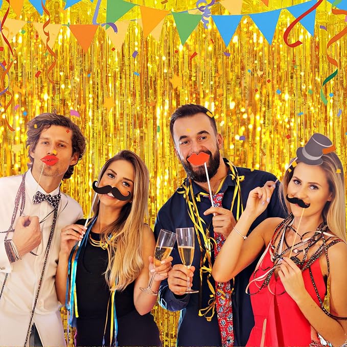 JOYIT 5 Pack Gold Tinsel Backdrop - 3.28 ft x 6.56 ft Fringe Backdrop, Glitter Foil Fringe Curtains for Party Decorations, Birthday, Bachelorette, Graduation, Wedding (Gold, 5 Pack)