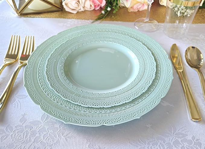 OCCASIONS 240pc Heavy Duty Disposable Plastic Plates Set for 120 Guests – 120 Dinner (11") & 120 Salad/Dessert (8.25") Plates – BPA Free, Chateau Mint