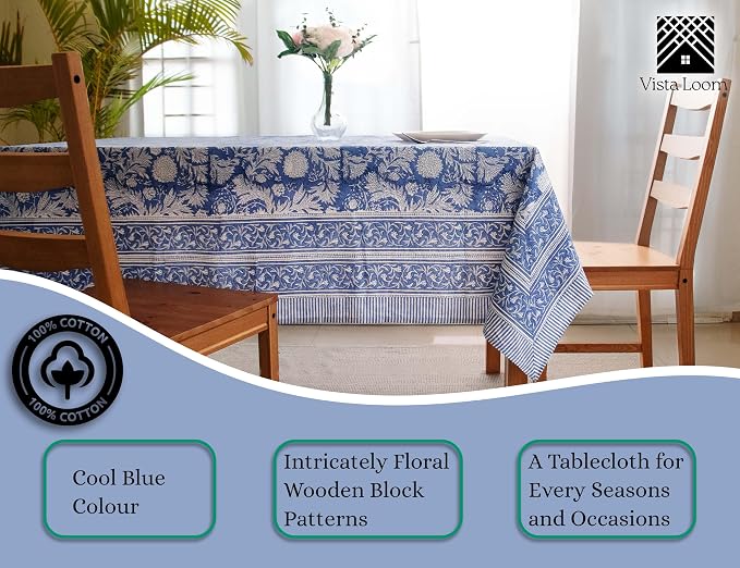 Blue Block Print Table Cloth- 60x108 Inch Rectangle 100% Cotton Handmade Pre-Shrink, Washable for Spring, Kitchen & Dining Perfect for Chirstmas Patio, Indoor & Outdoor, Farmhouse