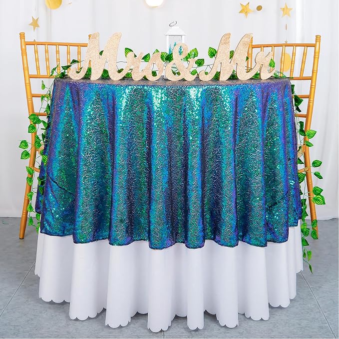 ShiDianYi Iridescent Green Tablecloth Round 72 Inch Sequin Tablecloth for Party Birthday Holiday Table Shiny Green Round Table Cloth Mermaid Tablecloth Cover Christmas Tablecloth