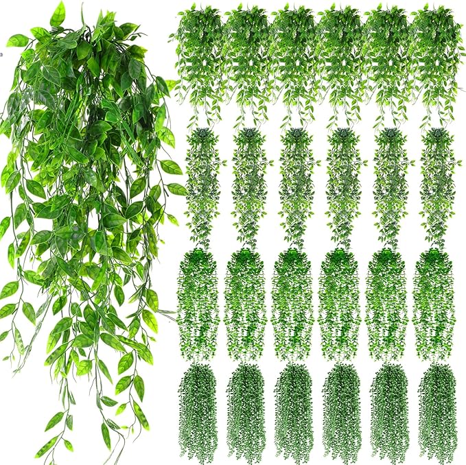 Daifunli 24 Pcs Artificial Hanging Plants Fake Hanging Ferns Plastic Fake Plants for Wall Room Garden Garland Indoor Outdoor Decor No Basket (Eucalyptus,Mandala,String of Pearls,Pea)
