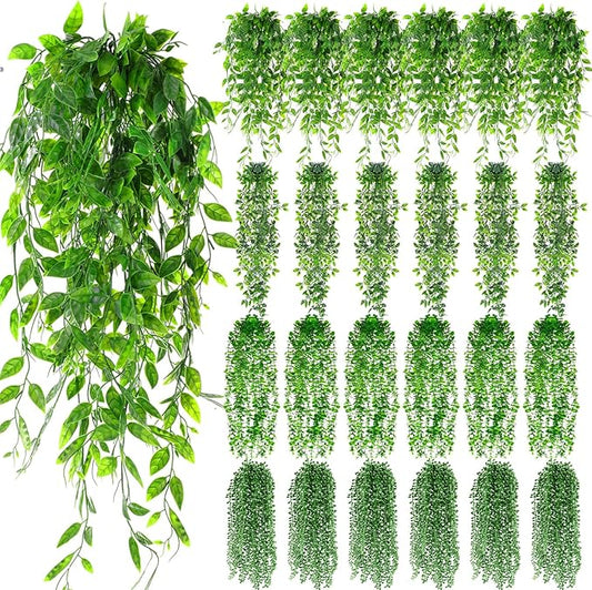 Daifunli 24 Pcs Artificial Hanging Plants Fake Hanging Ferns Plastic Fake Plants for Wall Room Garden Garland Indoor Outdoor Decor No Basket (Eucalyptus,Mandala,String of Pearls,Pea)