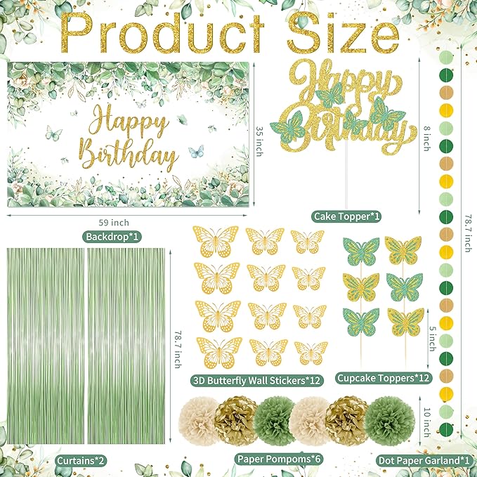 Sage Green Birthday Party Decoration Supplies for Boys Girls - Happy Birthday Backdrop, Tablecloth, Balloon Arch, Butterfly Stickers - Women Adult Decor, Neutral Baby Shower