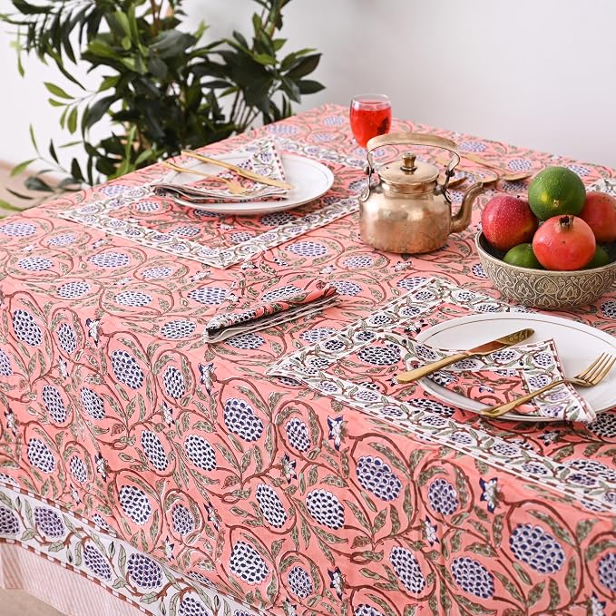 Hand Block Printed Tablecloth, Dark Salmon Pink,10 Seater 72 x 118 Inches Rectangle Shape, Colorful Floral Print, Indian Artisan Handmade Art, Dining Room, Kitchen, Outdoor Décor