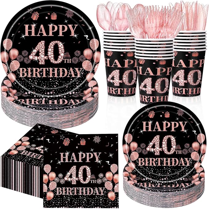 Pickmesh 400 Pcs 40th Birthday Decorations for Women, Includes 40th Birthday Plates, Napkins, Cups, and Cutlery for Party Favors, Cheer to 40 Year for Her, Serves 50 Guests