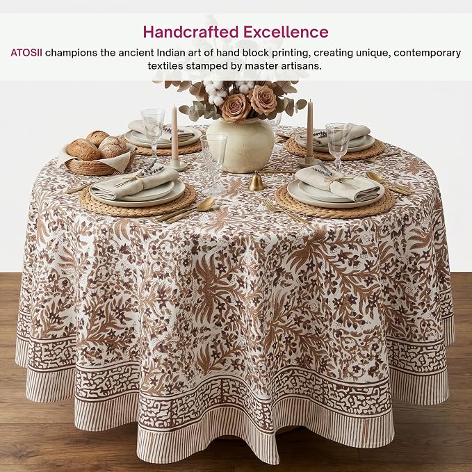 ATOSII Nargis Cider 100% Cotton Round Boho Fall Tablecloth, Handblock Floral Table Cloth Linen for Kitchen Dining I Parties Weddings Outdoors Picnics Easter Mothers Day I 72" Inches Round I 4 Seater
