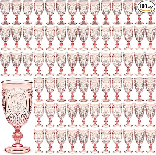 Wiwiqing 100 Pcs Plastic Goblets 7.5oz Vintage Goblet Plastic Wine Glasses Colored Retro Embossed Water Goblets for Wine Bar Juice Baby Shower Wedding Reception Grand Event Party (Pink)