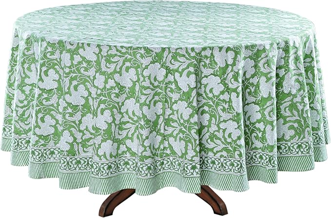 Ridhi Round Tablecloth Hand Block Print 100% Cotton Reusable Sage Green 132 Inch Table Cover Decorative Everyday Use for Dining, Home, Party, Wedding, Farmhouse, Party Gift for Spring, Mother's Day