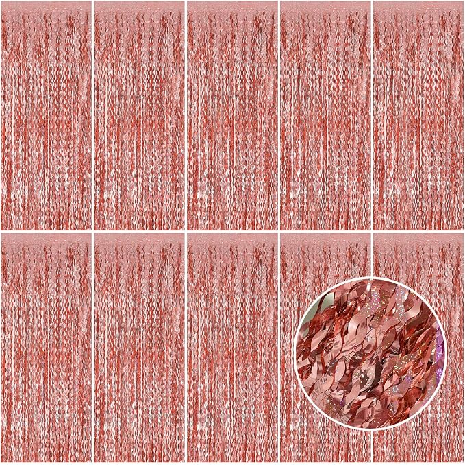 Rose Gold Tinsel Foil Fringe Curtains Wavy Backdrop for Parties Sparkle Metallic Wavy Foil Fringe Backdrop Curtain Photo Booth Props Birthday Graduation Wedding Bachelorette Party Decorations