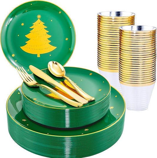WDF 150pcs Christmas Plates Plastic Disposable - 25 Guests Green Plates with Gold Tree, Clear Gold Cups, Perfect for Christmas Parties
