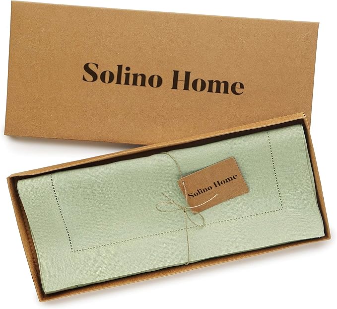 Solino Home Linen Sage Green Table Runner 90 Inches Long - 100% Pure Linen Hemstitch 14 x 90 Inch Table Runner for Dining, Spring, Summer, Mothers Day - Classic Hemstitch
