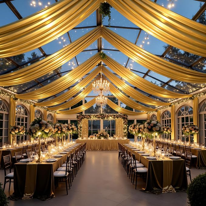 gogoparti 20x40FT Gold Shimmer Backdrop Curtains for Weddings Parties - 4 Panels of Extra Long 5x40FT Drapes, Includes Dual Pole Pockets, Wrinkle-Free Fabric for Party, Photo Booth & Tent Decoration