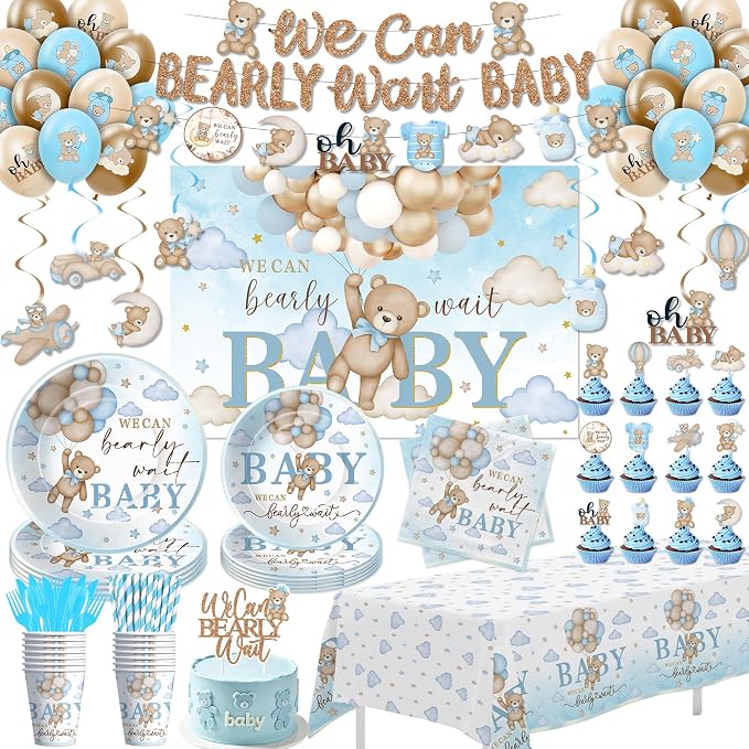 We Can Bearly Wait Baby Shower Decorations for Boy, Blue Bear Baby Shower Decorations Party Supplies, Paper Plate, Napkin, Cup, Banner, Tablecloth, Balloon, Swirls, Backdrop, Topper, Serves 24