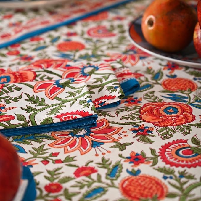 Hand Block Printed Tablecloth – Colorful Floral Print | 100% Cotton | Indian Artisan Handmade Art | Dining Room, Kitchen, Outdoor Décor, (Peach Floral, 8 Seater 90 Inches Round)