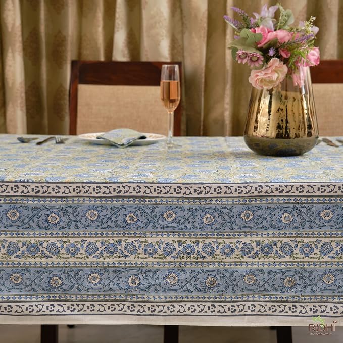Ridhi Asparagus Green Gadd Hand Block Print Cotton Rectangle Tablecloth 140" x 72" inches Reusable Table Cover Decorative Everyday Use for Dining Room, Farmhouse, Home Gift for Spring, Mother's Day