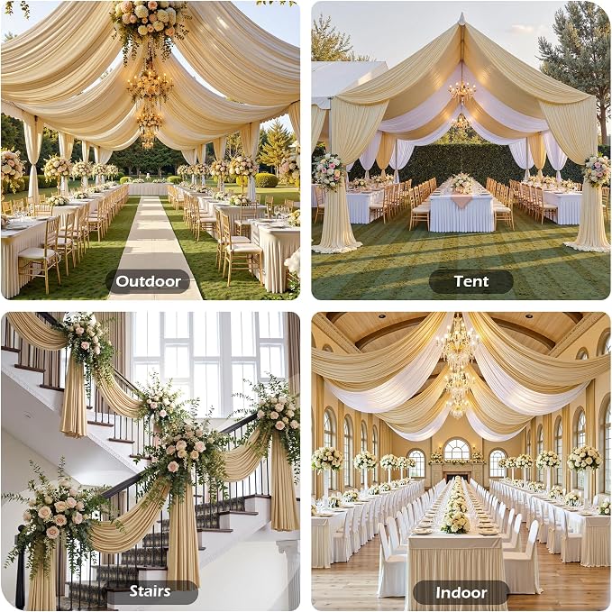 20ftx40ft Champagne Khaki Ceiling Curtain for Wedding Parties – 4 Panels Wrinkle-Free 40 FT Long Tent Draping Curtains for Wedding, Birthday & Theme Parties, 40ft Height with Rod Pocket