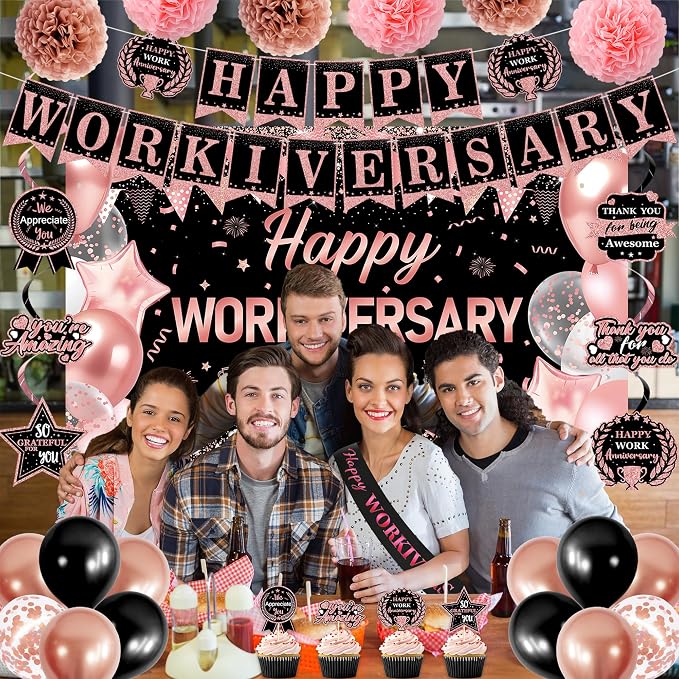 DARUNAXY Happy Workiversary Party Decorations for Women, Rose Gold Happy Work Anniversary Banner Cake Topper Hanging Swirl Confetti Balloons Decor Set for Pink Employee Office Party Supplies for Girls