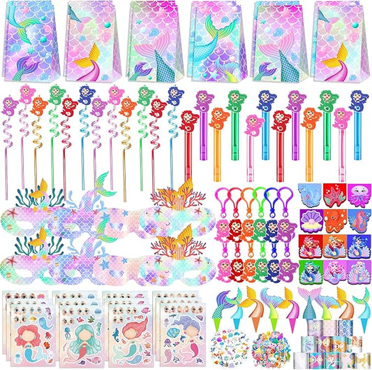 320PCS Mermaid Party Favors Birthday Decorations Supplies Kit with Goodie Bags, Bubble Wands, Straws, Masks, Stickers & More for 12 Guests