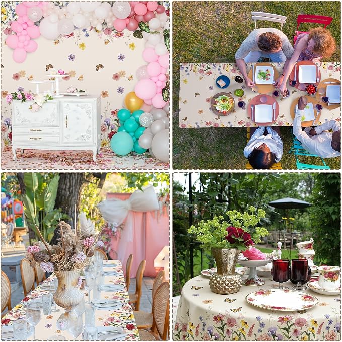 Kochorie 100 Ft x 54 Inch Spring Floral Tablecloth Roll Plastic Flower Tablecloth Roll Wildflower Butterfly Disposable Table Cover for Spring Tea Party Supplies Birthday Wedding Party Decorations