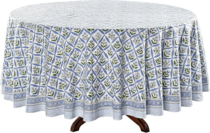 Ridhi Round Tablecloth Hand Block Print 100% Cotton Reusable Light Steel Blue 110 Inch Table Cover Decorative Everyday Use for Dining, Home, Party, Wedding, Farmhouse Gift for Spring, Mother's Day