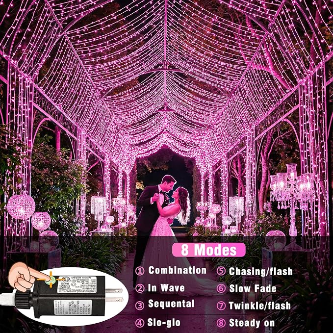 800 LED Pink String Lights Indoor Valentines Day Decorations, 262 FT Valentines Day Lights Waterproof with 8 Modes, Clear Wire Pink Fairy Lights Plug in for Valentine Day Wedding Party Bedroom Decor