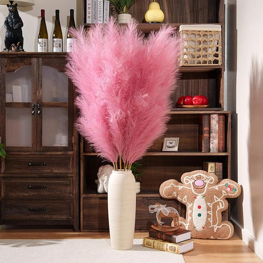 Premium Faux Dark Pink Pampas Grass – 55" 8pcs Tall Ultra-Fluffy 24-Branch One-Piece Stems No Assembly, Luxury Silk-Feel Feather Flowers for Boho Wedding Girls Room Home Decor (Magenta, 8 Stems)