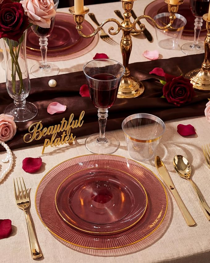 Hioasis 60pcs Burgundy and Gold Plastic Plates - Burgundy Disposable Dinnerware Set, 30pcs Dinner 10in & 30pcs Dessert 7in Plates with Striped Designs for Party & Wedding
