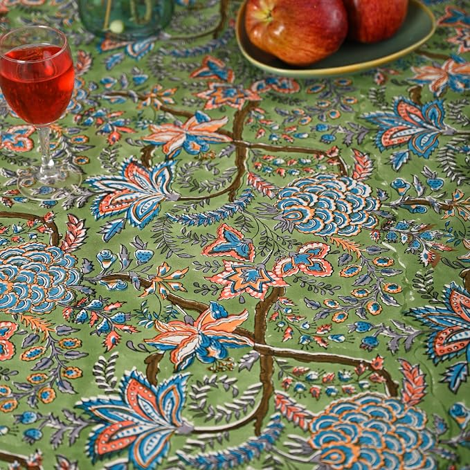 Hand Block Printed Tablecloth – Colorful Floral Print | 100% Cotton | Indian Artisan Handmade Art | Dining Room, Kitchen, Outdoor Décor, (Forest Ash Elegance, 108 Inches Round)