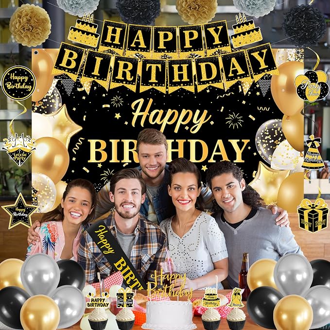 DARUNAXY Black Gold Birthday Decorations Set | Happy Birthday Banner & Sash, Balloons Pom Poms Cake Topper Hanging Swirls Birthday Decor Supplies for Men Women Boys Girls