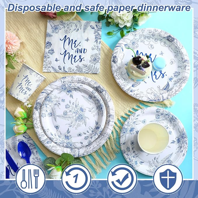 Zhehao 250 Pcs Mr. and Mrs. Bridal Shower Plates Napkins Sets 50 Pcs Floral 9'' Dinner Plates and 7'' Dessert Plate and 9oz Cup 100 Napkin Serves 50 Bridal Shower Decoration Engagement Party Supplies