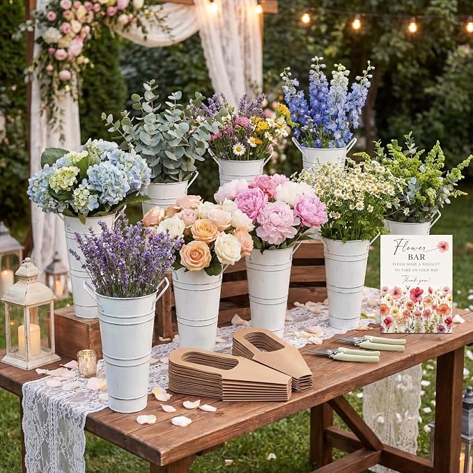 LEIFIDE Flower Bar Buckets Set Kit Bloom Bar Supplies Include Wood Sign Gift Bags Iron Bucket Garden Flower Shears for Wedding Bridal Shower Graduation Birthday Table Centerpieces(45 Pcs,White)