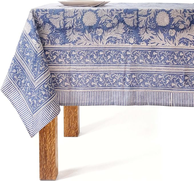 Blue Block Print Table Cloth- 60x108 Inch Rectangle 100% Cotton Handmade Pre-Shrink, Washable for Spring, Kitchen & Dining Perfect for Chirstmas Patio, Indoor & Outdoor, Farmhouse