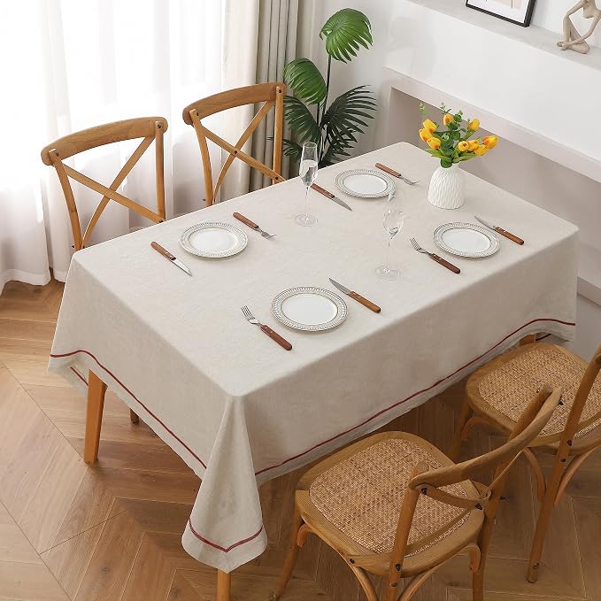 Linen World Hemstitch Linen Tablecloth,100% Natural French Flax,60x108Inch Handcrafted Natural-Rust Linen Table Cloth,Tabletop Decoration,Table Cloths for Kitchen,Dining,Daily Use