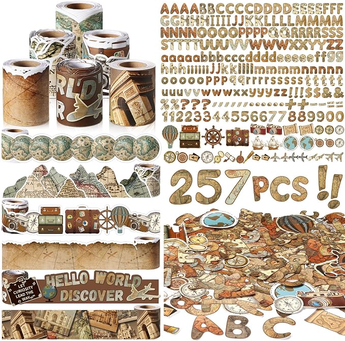 Kosiz World Map Bulletin Board Decoration Set 118 ft Scalloped Bulletin Board Borders Classroom Poster Border Trim with 257 Pcs Letter Number Symbol Cutout for School Decor