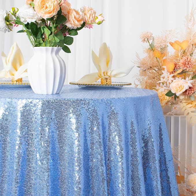 ShiDianYi Round Tablecloth Baby Blue 72 Inch Sequin Tablecloth Glitter Dessert Cake Tablecloth Sequin Table Cover Cloth for Baby Shower Linen Polyester Sequin Overlay for Banquet Birthday Home Parties