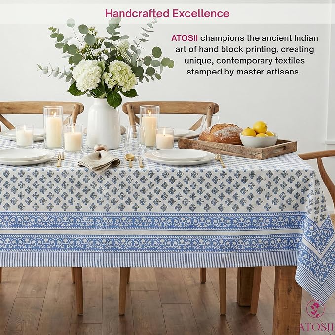 ATOSII Gulbahar Blue 100% Cotton Fall Rectangle Tablecloth, Hand Block Print Washable Table Cover, Christmas Parties Buffet Dining, Weddings, Thanksgiving Autumn Home Decor, 60 X 108 Inches 8 Seater
