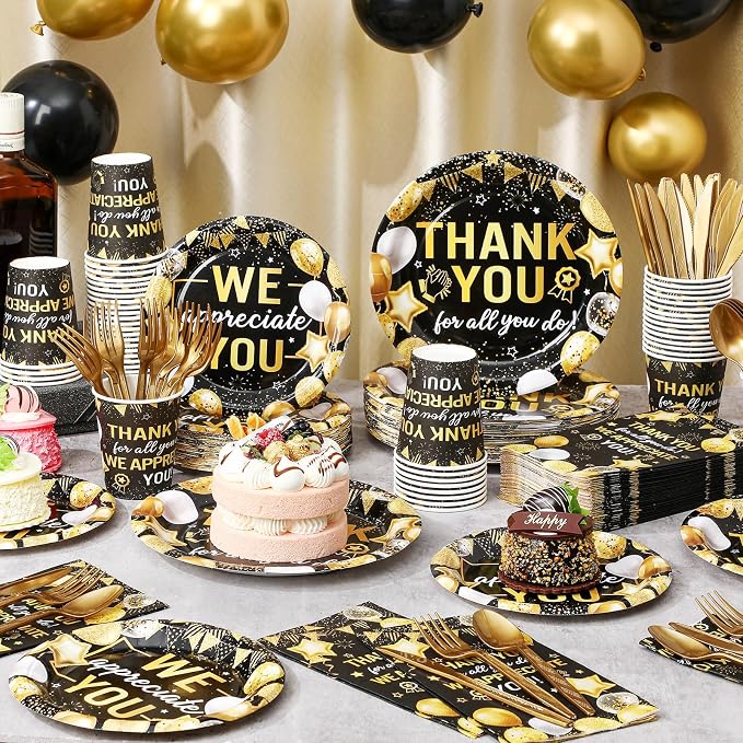 Funnymoom 400 Pcs We Appreciate You Party Supplies for 50 Guests Christmas Thank You Paper Plates Napkin Cup Fork for Teacher Employee Staff Xmas Doctor Appreciation Back to School Graduation