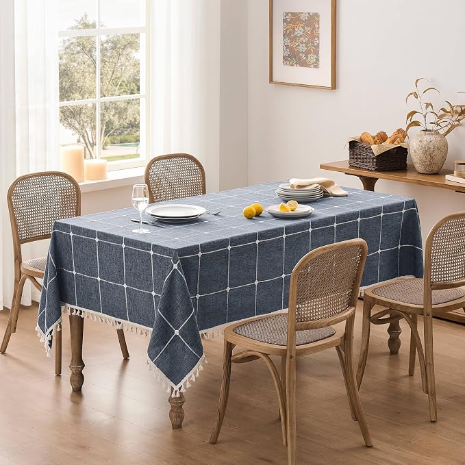 ZeeMart Boho Grid Table Cloth with Tassels (Navy Blue, 60" x 104"), Heavy Weight Linen Checked Embroidered Farmhouse Tablecloth, Water Resistant Rectangle Dark Blue Tablecloths
