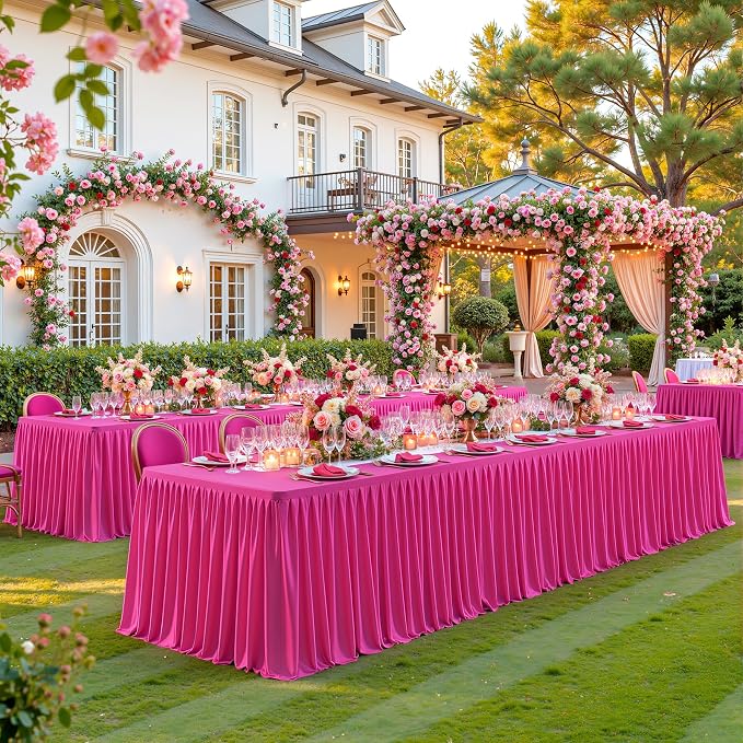 2 Packs Hot Pink Tableclothes for 8 Foot Rectangle Tables, Wrinkle Free Fitted Table Cloth 8ft Stretch Table Cover with Skirt for Parties Weddings Birthday Banquet Baby Shower