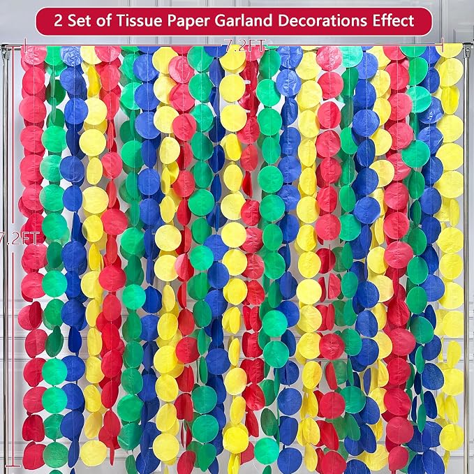 205Ft Mario Party Decorations Red Green Blue Yellow Big Polka Dot Tissue Paper Backdrop Streamer Circle Dot Hanging Garland for Birthday Carnival Circus Clown Fiesta Colorful Party Supplies