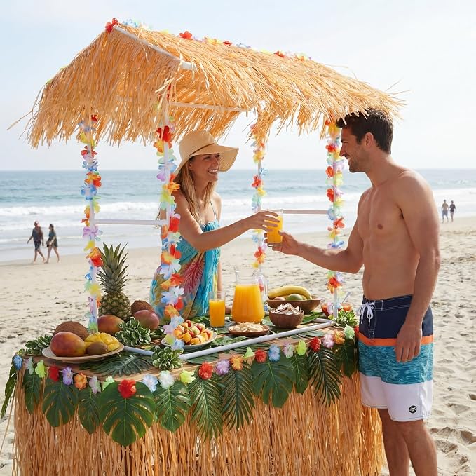 8 Pcs Tiki Bar Stand Supplies Tiki Hut Decorations Hawaii Luau Party Decorations with 1 Set White Plastic Stand 1 Thatch 2 Monstera Leaf Banners 4 Tinsel for Summer Party Supplies Outside Patio