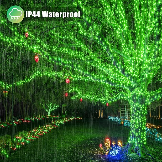 Vivideal 500 LED String Lights Indoor, 165ft Green St Patricks Day Lights Clear Wire 8 Modes Waterproof Plug in Christmas Lights with Timer Memory for Room Tree Party Decorations