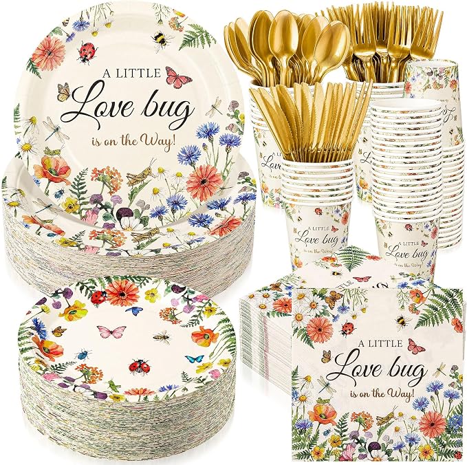 Ziliny 350 Pcs Love Bug Baby Shower Decoration Wildflower Baby Shower Paper Plates Napkins Tableware for Gender Reveal Newborn Party Serves 50 Guests