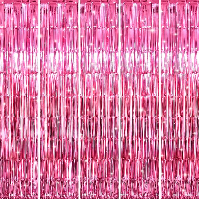 GOER 3.2 ft x 9.85 ft Metallic Tinsel Foil Fringe Curtains Party Photo Backdrop Party Streamers for Galentines Day,Birthday,Graduation,New Year Eve Decorations Wedding Decor (5 Packs,Hot Pink)