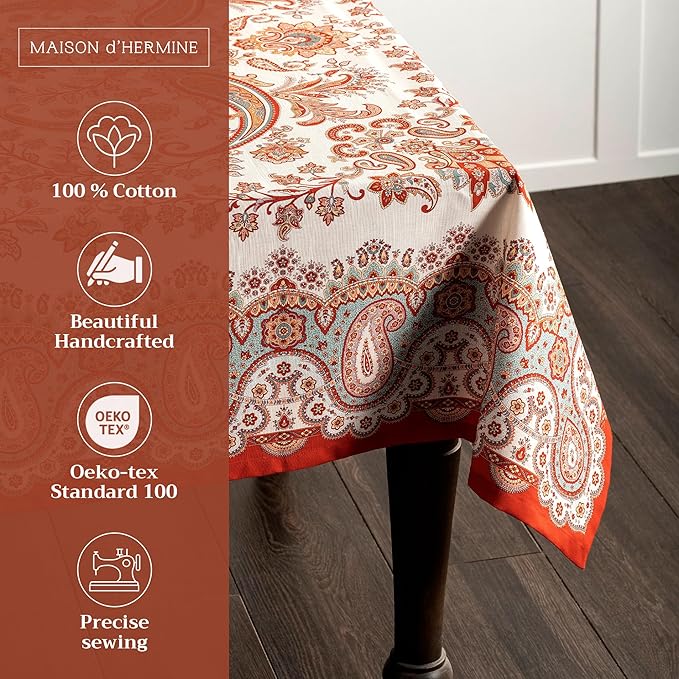 Maison d' Hermine Table Cloth Rectangle Table 100% Cotton 70 x 90 Inches Fall Tablecloth Reusable Everyday Use for Thanksgiving Christmas Decorations Dining Farmhouse Party (Cachemire)